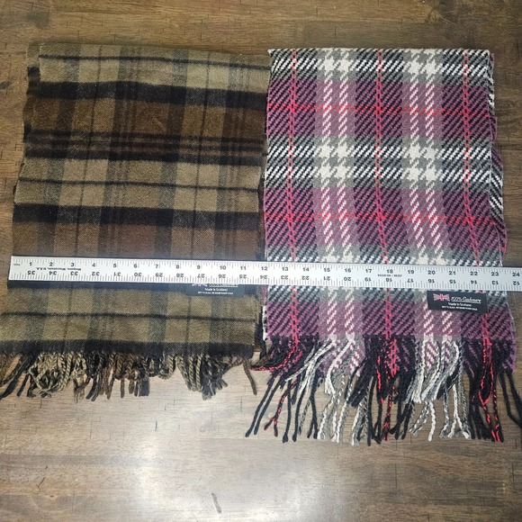 Scottish Cashmere Plaid Preppy Tartan Scarf Fringe Scotland Brown Purple - Picture 6 of 6